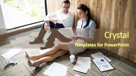  Presentation with floor - Colorful presentation design enhanced with preparation business plans entrepreneurs - young serious colleagues sitting backdrop and a  colored foreground