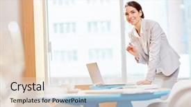  Presentation with camera - Slide deck having preparation business plans entrepreneurs - young smiling female looking background and a lemonade colored foreground