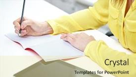  Presentation with school technology - Colorful presentation design enhanced with preparation journal - people technology and education concept backdrop and a blonde colored foreground