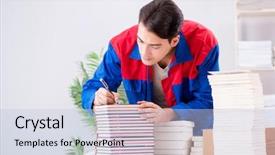  Presentation with order - Amazing presentation design having preparation journal - worker in publishing house preparing backdrop and a  colored foreground