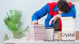  Presentation with book - Colorful presentation design enhanced with preparation journal - worker in publishing house preparing backdrop and a  colored foreground