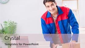  Presentation with book - Audience pleasing slide set consisting of preparation journal - worker in publishing house preparing backdrop and a  colored foreground