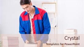  Presentation with worker - Presentation design with preparation journal - worker in publishing house preparing background and a  colored foreground