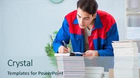  Presentation with journal - Theme enhanced with preparation journal - worker in publishing house preparing background and a  colored foreground