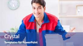  Presentation with worker - Cool new theme with preparation journal - worker in publishing house preparing backdrop and a  colored foreground