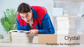  Presentation with journal - Slide deck with preparation journal - worker in publishing house preparing background and a  colored foreground