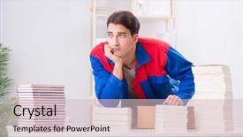  Presentation with book - Colorful slide set enhanced with preparation journal - worker in publishing house preparing backdrop and a  colored foreground