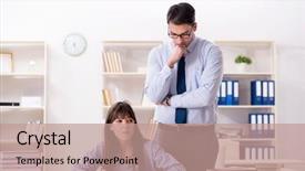  Presentation with female male symbol - Presentation theme having preparation lectures - male lecturer giving lecture background and a coral colored foreground