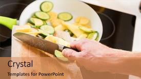  Presentation with vegan - Slides having preparation of vegan pan fry in kitchen for cooking background and a coral colored foreground