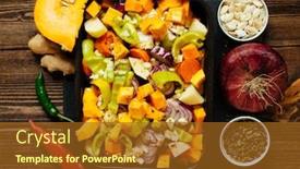  Presentation with red onion - Theme having preparation of vegetable stew with pumpkin red onion potato carrot ginger and pepper background and a tawny brown colored foreground