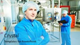  Presentation with water production - Slide set with preparation production line at pharmacy background and a cyan colored foreground