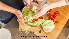  Presentation with lunch - Amazing PPT theme having prepare-fresh-salad-together backdrop and a yellow colored foreground