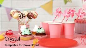  Presentation with children birthday - Cool new PPT layouts with prepared birthday table for children party backdrop and a coral colored foreground