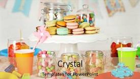  Presentation with children birthday - Beautiful PPT theme featuring prepared birthday table with sweets for children party backdrop and a coral colored foreground