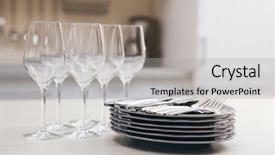  Presentation with dinner party - PPT theme consisting of prepared clean dishes for dinner party on a table in the kitchen background and a light gray colored foreground
