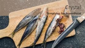  Presentation with sardines - PPT theme with prepared sardines fish on cutting board top view background and a coral colored foreground