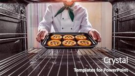  Presentation with cooking chef - Slides enhanced with prepares pastries in the oven background and a tawny brown colored foreground