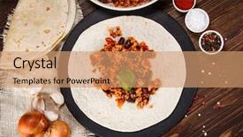  Presentation with old wooden table food - Beautiful theme featuring preparing burrito on wooden table backdrop and a  colored foreground