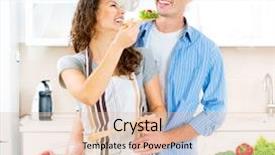  Presentation with vegan food - Presentation theme enhanced with happy couple cooking together - man and woman in their kitchen at home preparing dinner - vegetable salad diet dieting healthy vegetarian food vegan family cooking together at home background and a lemonade colored foreground