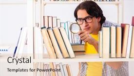  Presentation with test exam student - Presentation design with preparing for exams at library background and a  colored foreground