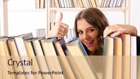  Presentation with worried young female college student - Colorful PPT theme enhanced with preparing for exams at library backdrop and a  colored foreground