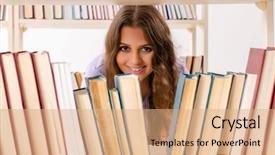  Presentation with worried young female college student - Presentation design with preparing for exams at library background and a  colored foreground