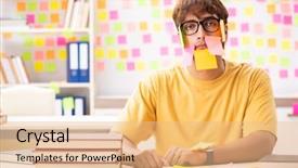  Presentation with test exam student - PPT theme having preparing for exams with man background and a coral colored foreground