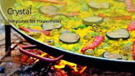  Presentation with spanish food - Presentation theme enhanced with preparing huge paella - spanish traditional food background and a yellow colored foreground