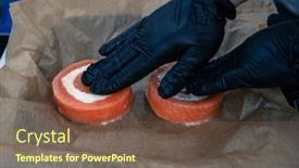  Presentation with salmon dish - Slide deck having preparing-of-salmon-roll background and a violet colored foreground