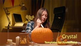  Presentation with halloween - Slide deck with preparing-pumpkin-for-halloween-woman background and a tawny brown colored foreground
