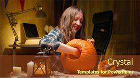  Presentation with halloween - PPT theme having preparing-pumpkin-for-halloween-woman background and a tawny brown colored foreground