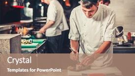  Presentation with restaurant kitchen - PPT theme having preparing sushi in the restaurant background and a coral colored foreground