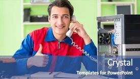  Presentation with old desktop computer - Slide set featuring preplacement talk - computer engineer repairing broken desktop background and a ocean colored foreground