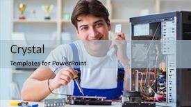  Presentation with computer hardware - PPT layouts having preplacement talk - computer hardware repair and fixing background and a light blue colored foreground