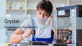  Presentation with hardware computer - Presentation design enhanced with preplacement talk - computer hardware repair and fixing background and a light blue colored foreground