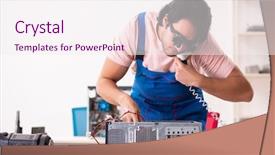  Presentation with contractor - Colorful PPT layouts enhanced with preplacement talk - young male contractor repairing computer backdrop and a  colored foreground