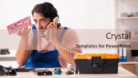  Presentation with contractor - PPT theme with preplacement talk - young male contractor repairing computer background and a  colored foreground