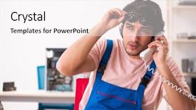  Presentation with computer security shield antivirus - Audience pleasing PPT theme consisting of preplacement talk - young male contractor repairing computer backdrop and a  colored foreground