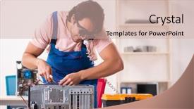  Presentation with computer cartography - Amazing slide set having preplacement talk - young male contractor repairing computer backdrop and a  colored foreground