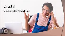  Presentation with contractor - Presentation theme consisting of preplacement talk - young male contractor repairing computer background and a sky blue colored foreground