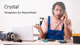  Presentation with contractor - PPT layouts with preplacement talk - young male contractor repairing computer background and a white colored foreground