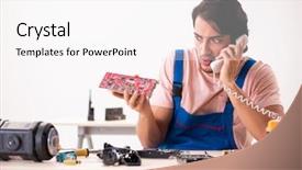  Presentation with maintenance of computer - Beautiful slides featuring preplacement talk - young male contractor repairing computer backdrop and a pink colored foreground