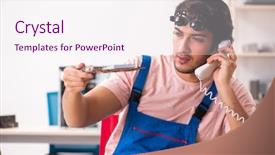  Presentation with kitten computer - Theme with preplacement talk - young male contractor repairing computer background and a sky blue colored foreground