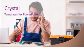  Presentation with computer cartography - Presentation theme having preplacement talk - young male contractor repairing computer background and a sky blue colored foreground