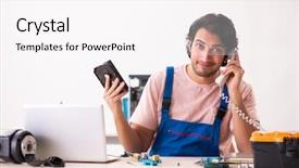  Presentation with computer infections - Beautiful PPT theme featuring preplacement talk - young male contractor repairing computer backdrop and a white colored foreground