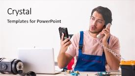  Presentation with contractor - Audience pleasing presentation design consisting of preplacement talk - young male contractor repairing computer backdrop and a white colored foreground