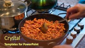  Presentation with frying - Beautiful slide set featuring prepping-food-on-frying-pan backdrop and a tawny brown colored foreground