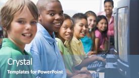  Presentation with school computer labs - Presentation theme featuring prescholar - elementary school computer class looking background and a teal colored foreground