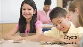  Presentation with pupils reading - Colorful presentation theme enhanced with prescholar - group of elementary school pupils backdrop and a coral colored foreground