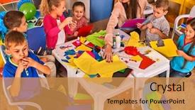  Presentation with kids development - Theme with preschool - children cutting paper in class background and a gold colored foreground